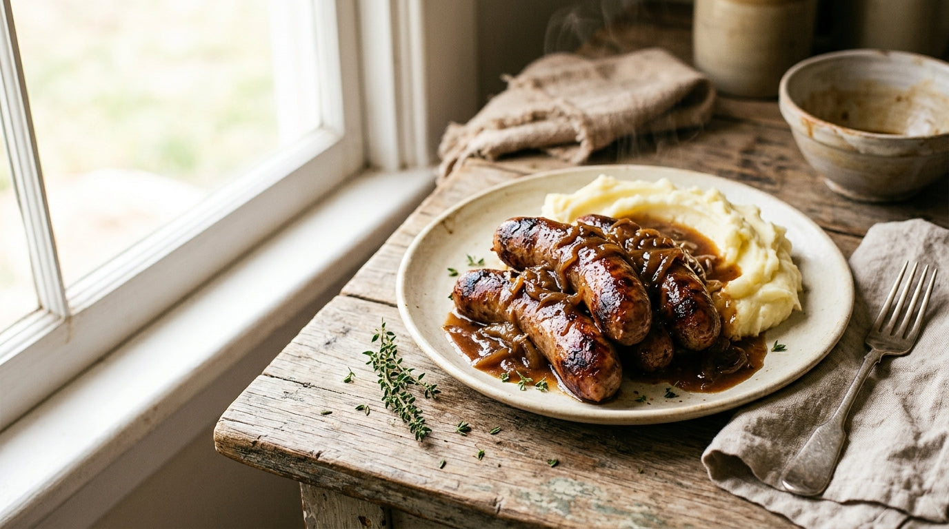 Grass-fed beef sausages with caramelised onion gravy over creamy mash on a farmhouse table