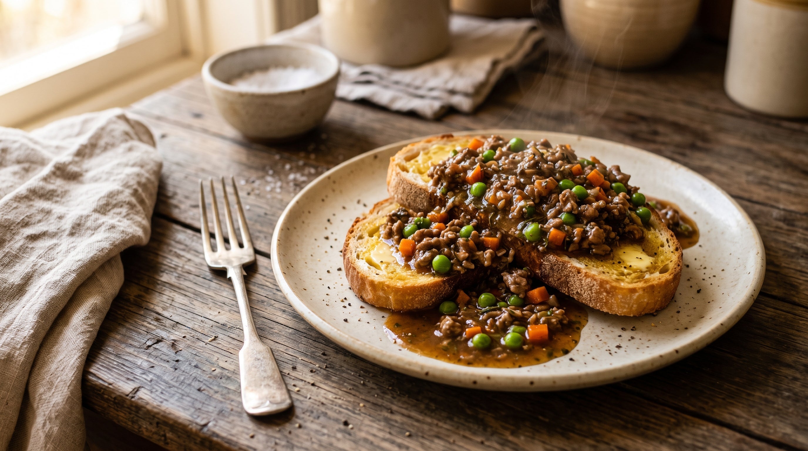 Old-fashioned savoury mince made with grass-fed lamb, served over thick buttered toast with peas and carrot.