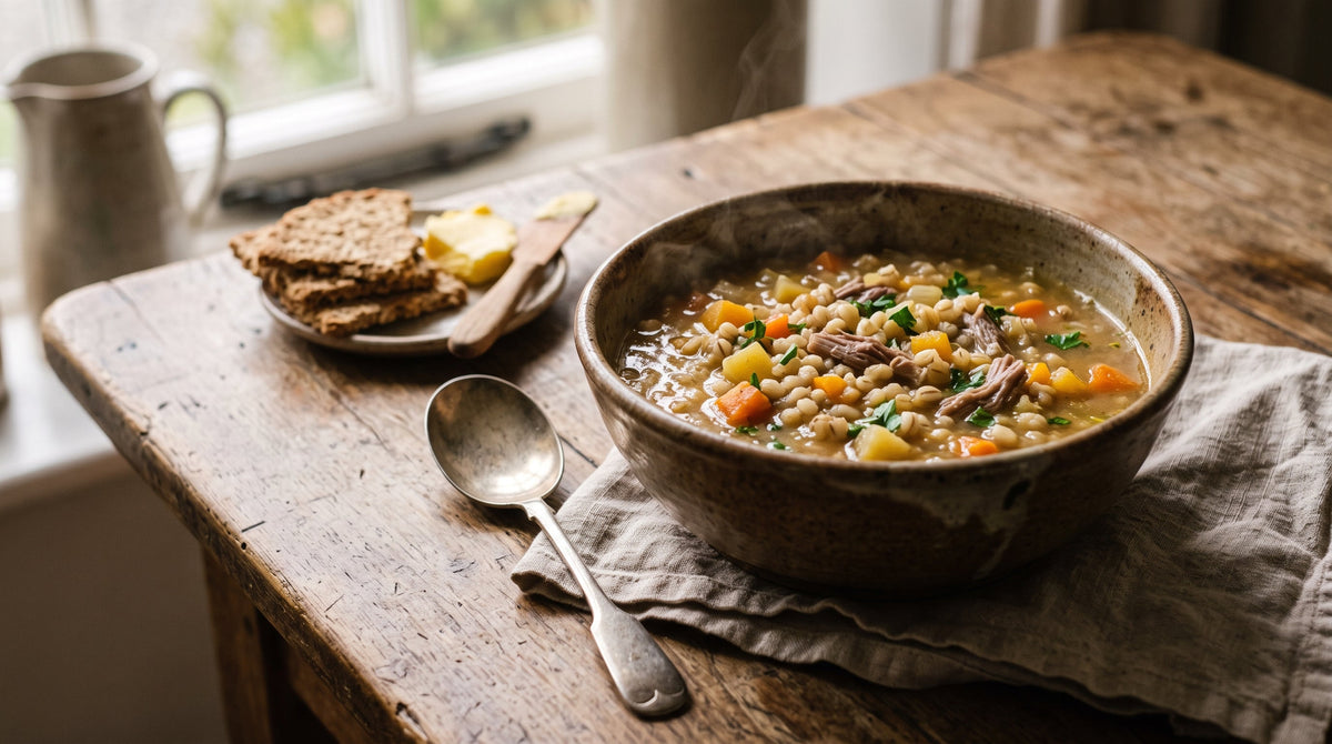 A thick bowl of traditional Scotch broth made with lamb bones, pearl barley and winter vegetables.