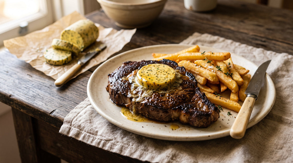 Grass-fed scotch fillet steak topped with melting Cafe de Paris butter, served with golden chips.
