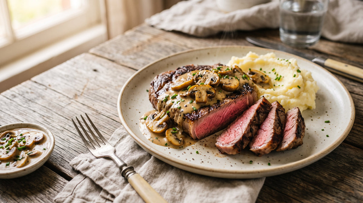 Sliced grass-fed scotch fillet steak with creamy mushroom sauce and chives, served with mashed potato.