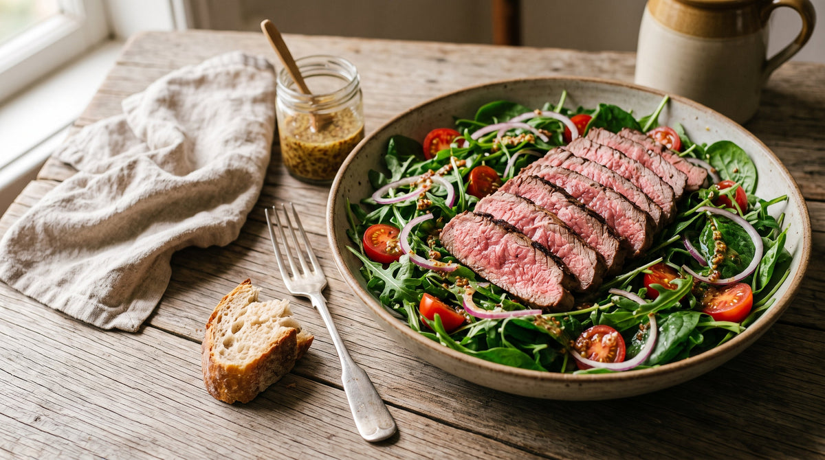 Steak salad for two with thinly sliced grass-fed scotch fillet, cherry tomatoes, red onion and a mustard dressing.
