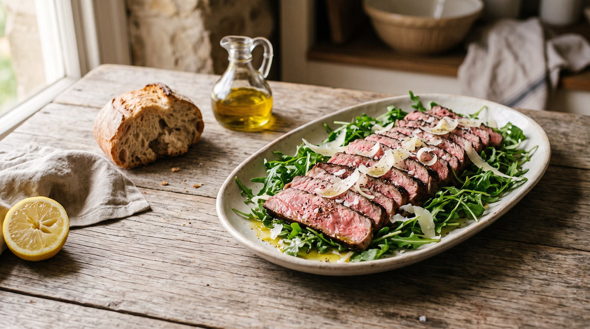 Scotch fillet tagliata with rare sliced grass-fed beef fanned over rocket, topped with shaved parmesan and olive oil.