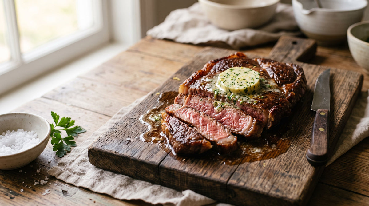 Quick-seared grass-fed blade steak sliced medium-rare with garlic and parsley herb butter melting over the top.