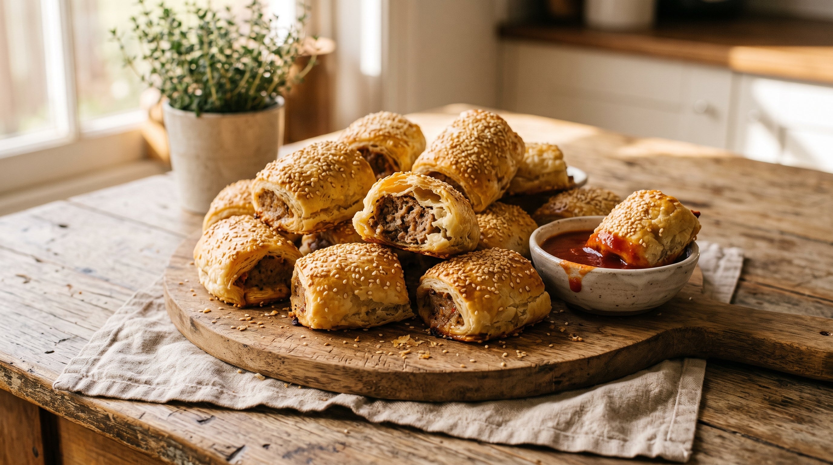Golden puff-pastry sausage rolls made from grass-fed beef sausage meat, piled on a board with tomato sauce for dipping.