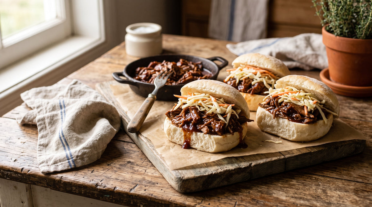 Soft rolls filled with saucy slow cooker shredded beef made from a grass-fed beef roast, topped with coleslaw.