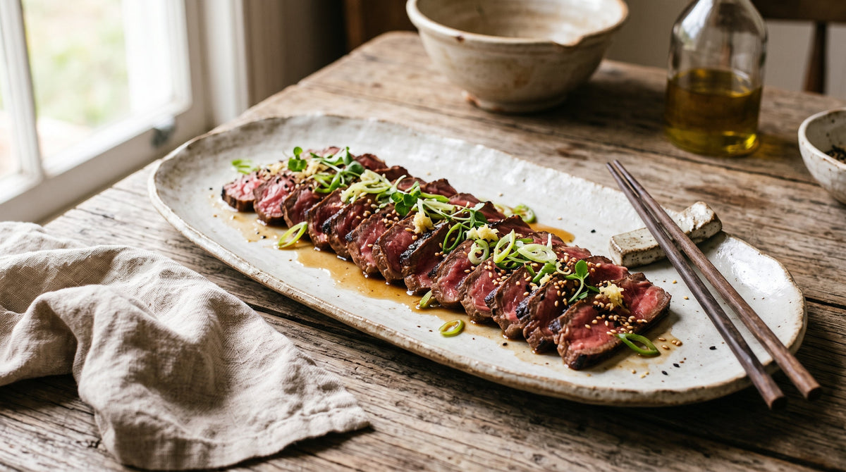 Beef tataki of thinly sliced seared grass-fed sirloin with ponzu, spring onion, ginger and sesame on a platter.