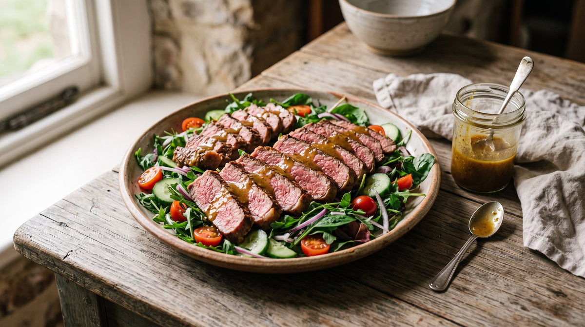 Sliced grass-fed sirloin steak fanned over a salad of cherry tomatoes, cucumber and red onion with honey-mustard dressing.