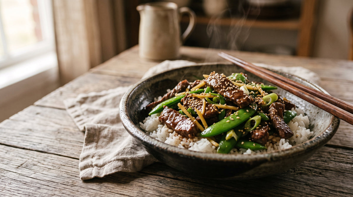 Sirloin and sugar snap pea stir-fry with sesame seeds and spring onion served over jasmine rice.