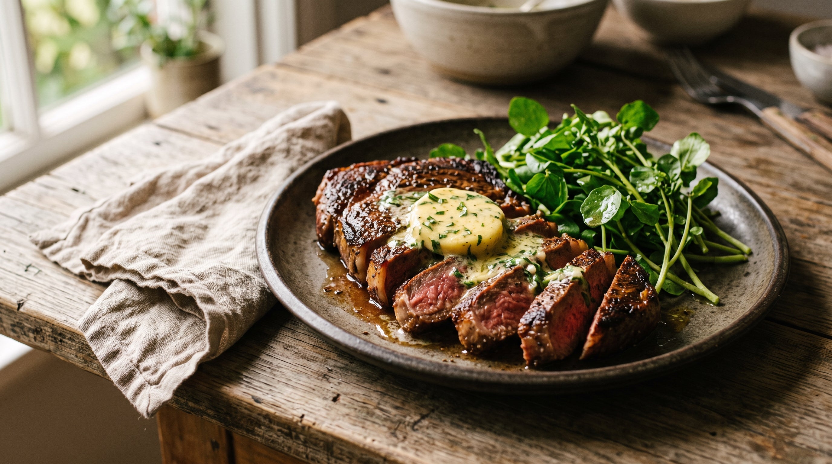 Sliced grass-fed sirloin steak with tarragon butter melting over