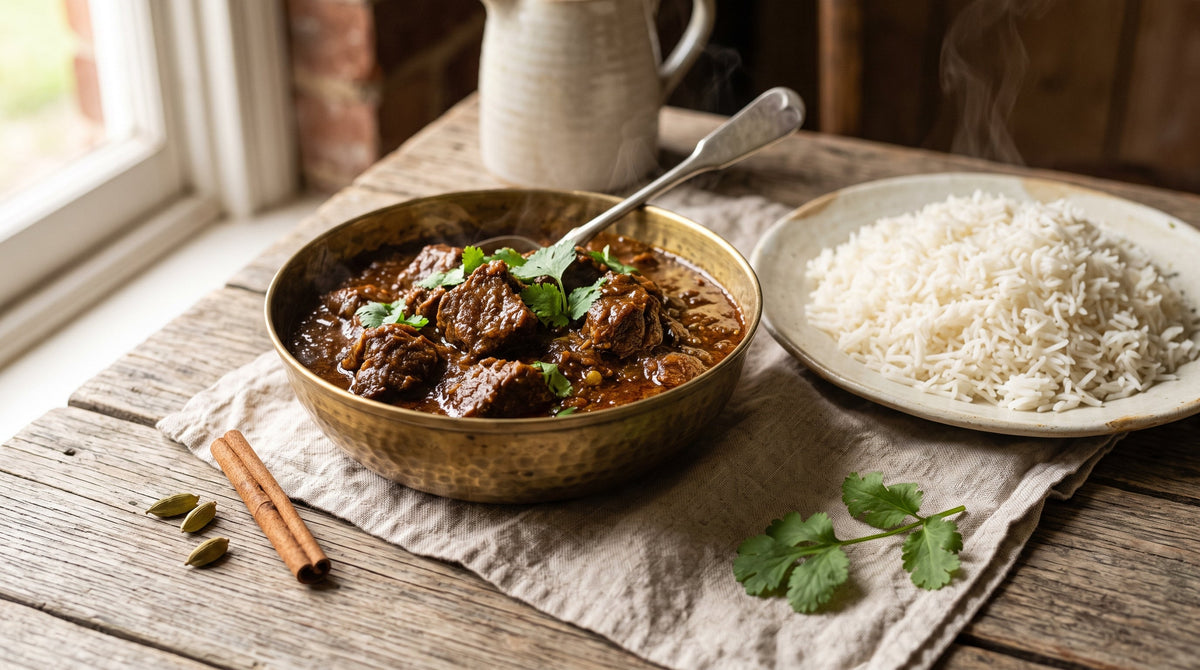 Slow-cooked Indian beef curry made with grass-fed blade steak, topped with coriander and served with basmati rice.