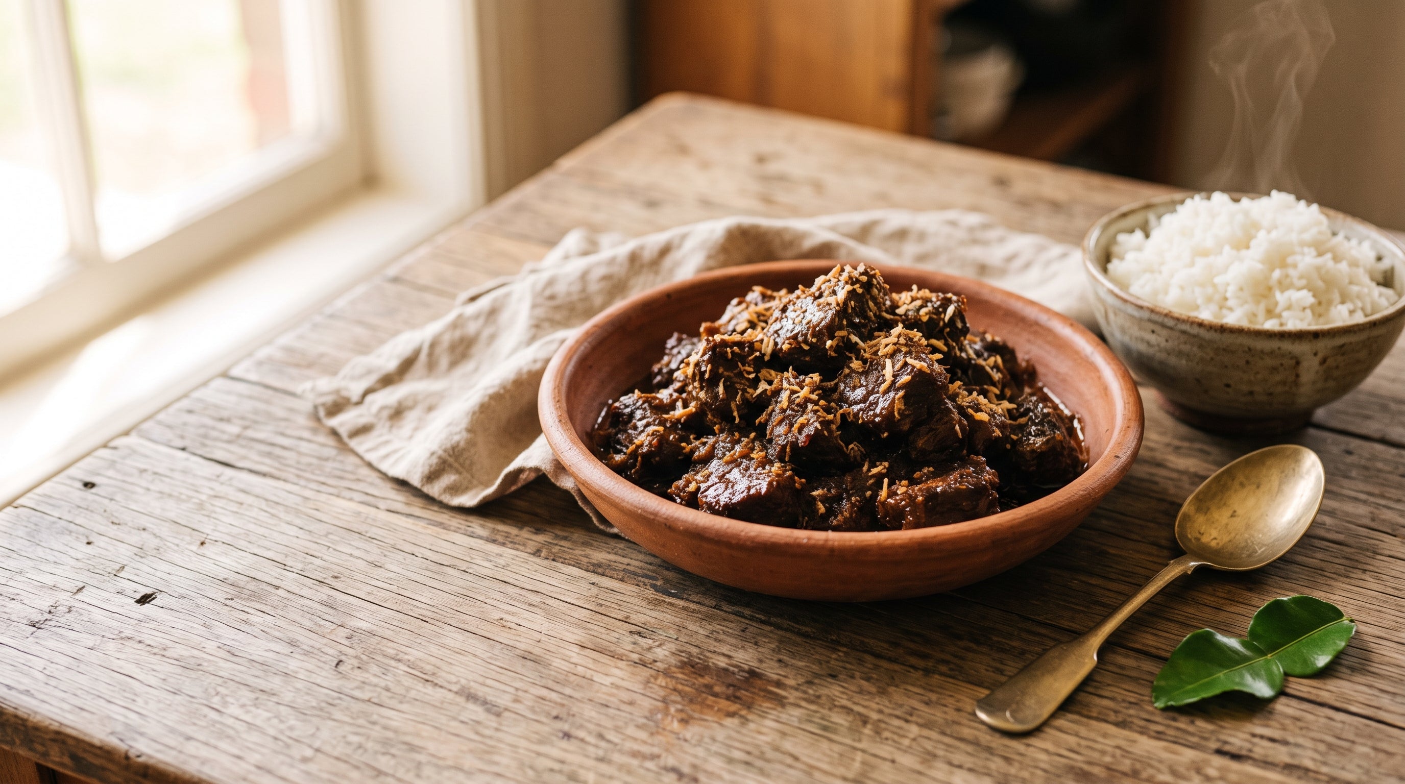Slow-cooked beef rendang made with grass-fed diced beef in a thick coconut spice sauce, served with steamed jasmine rice.