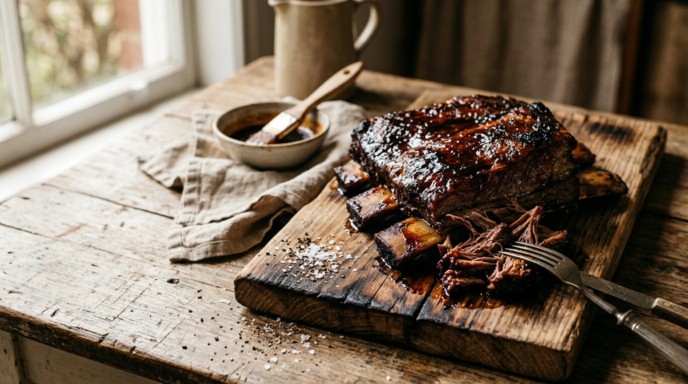 Slow-cooked grass-fed beef ribs with sticky glaze on a timber serving board