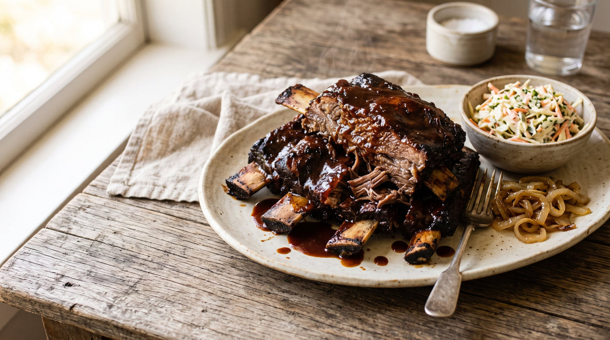 Slow cooker grass-fed beef ribs in barbecue sauce, fall-apart tender and served with coleslaw.