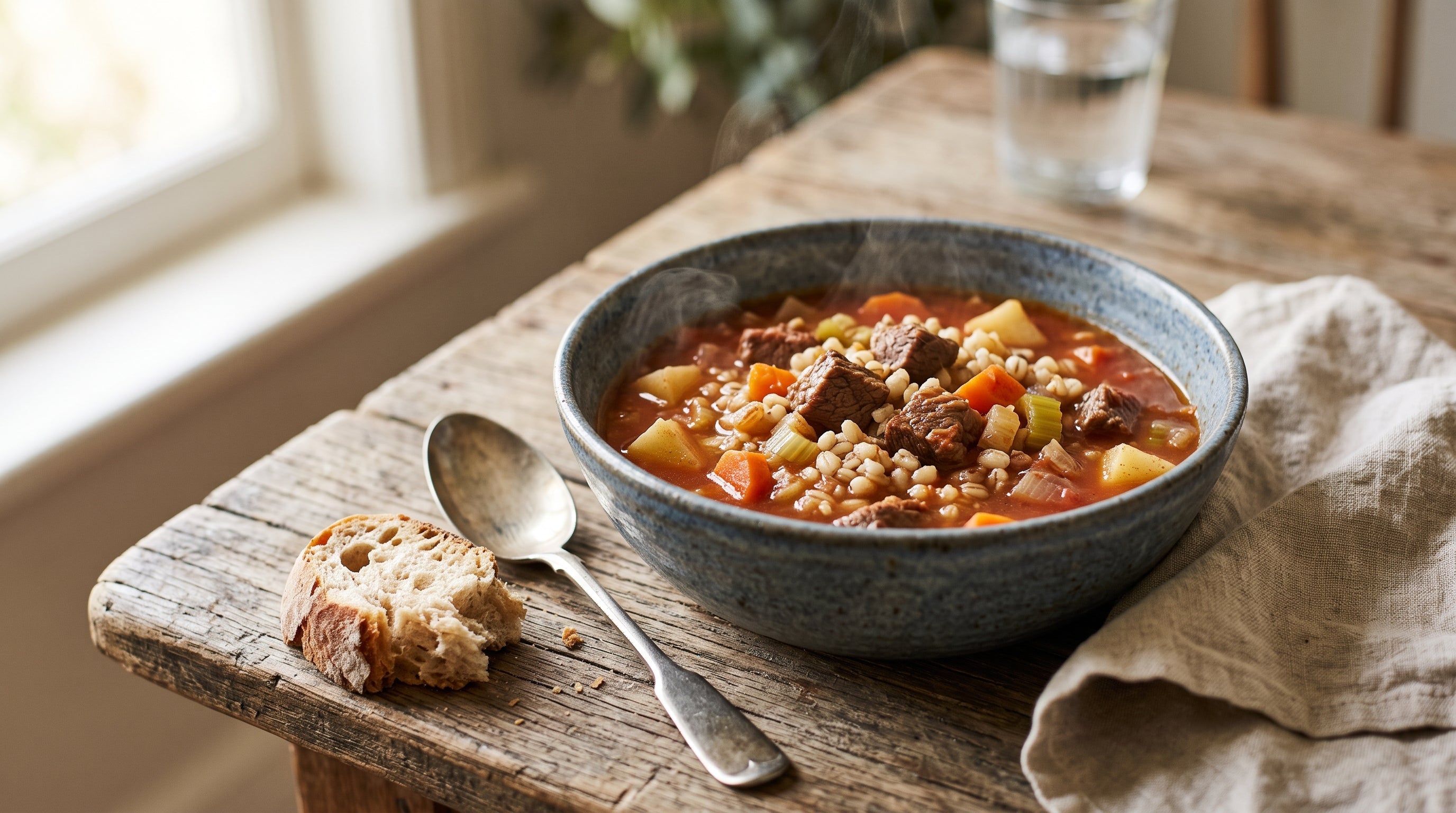 A steaming bowl of slow cooker beef and vegetable soup made with grass-fed diced beef, pearl barley and winter vegetables.