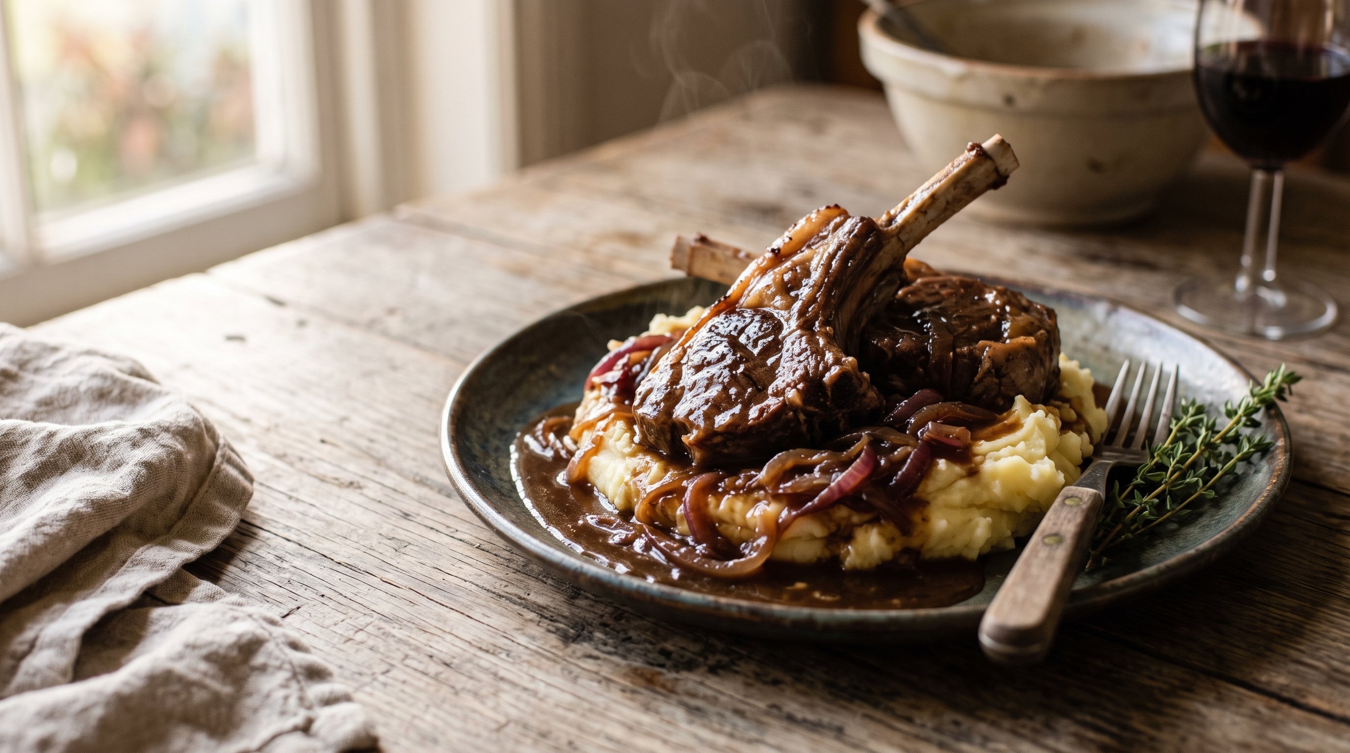 Slow cooker lamb forequarter chops served over mashed potato with rich onion gravy.