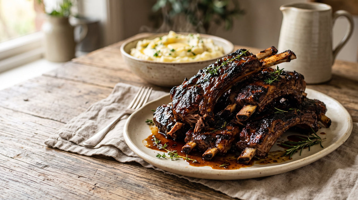 Slow cooker grass-fed lamb ribs finished under the grill until sticky, piled on a stoneware platter with creamy mash behind.