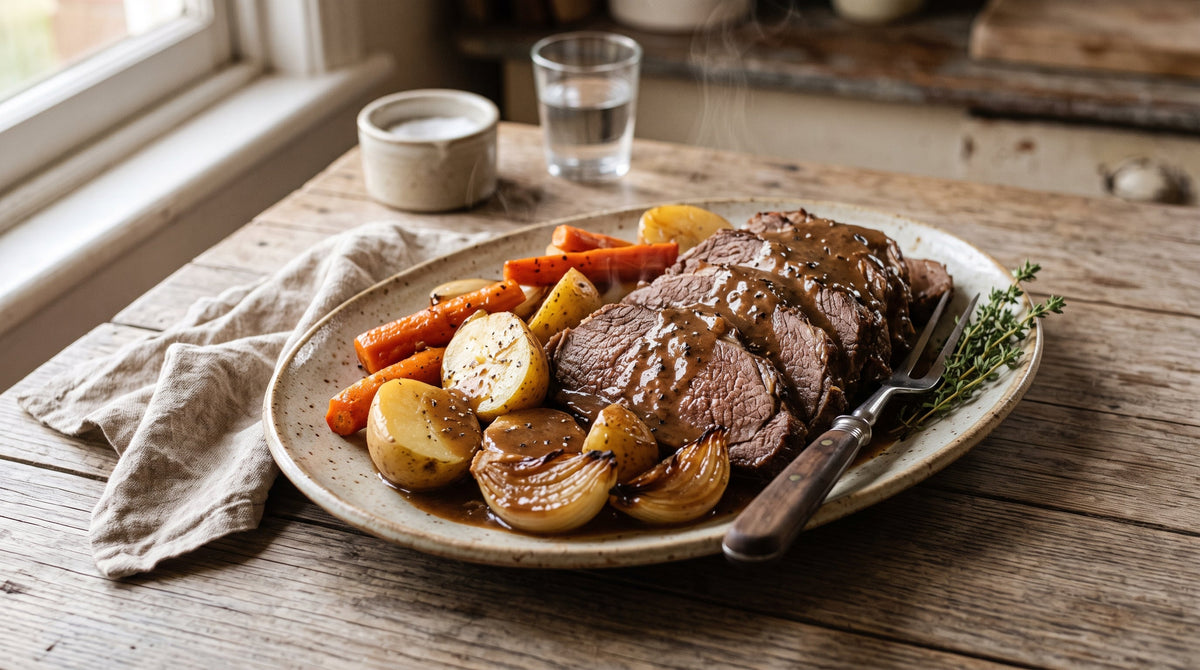 Sliced slow cooker pot roast made with a grass-fed beef roast, served with carrots, potatoes and rich gravy on a platter.