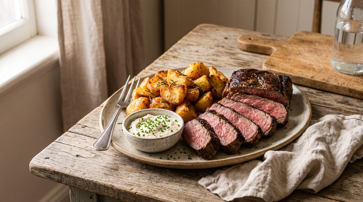Slow-roasted grass-fed beef roast sliced rosy pink from edge to edge, served with crispy potatoes and horseradish cream.