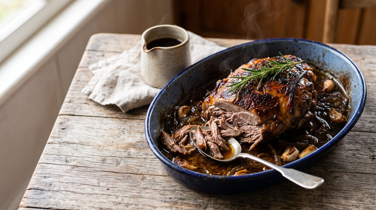 Slow-roasted grass-fed lamb pulled into tender shreds in its pan juices in an enamel roasting dish.