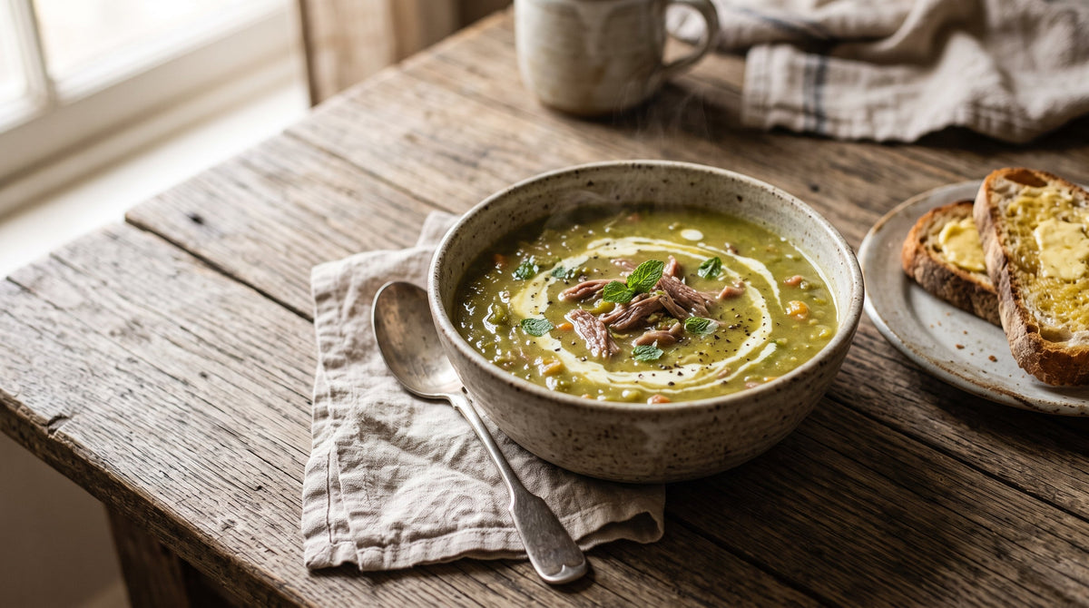 A thick bowl of split pea and lamb bone soup topped with shredded lamb and mint.