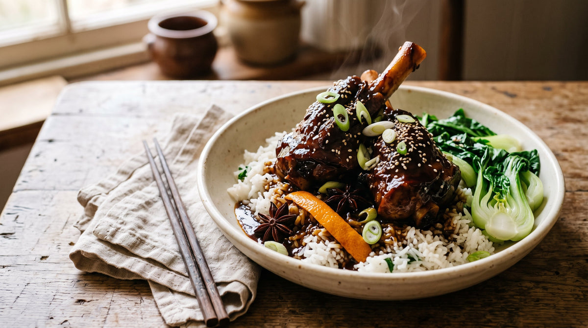 Sticky Asian-braised grass-fed lamb shanks lacquered in a dark star anise and orange glaze over steamed rice.