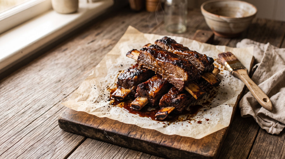 Sticky oven-baked grass-fed beef ribs made with the foil method, glazed dark and cut between the bones.