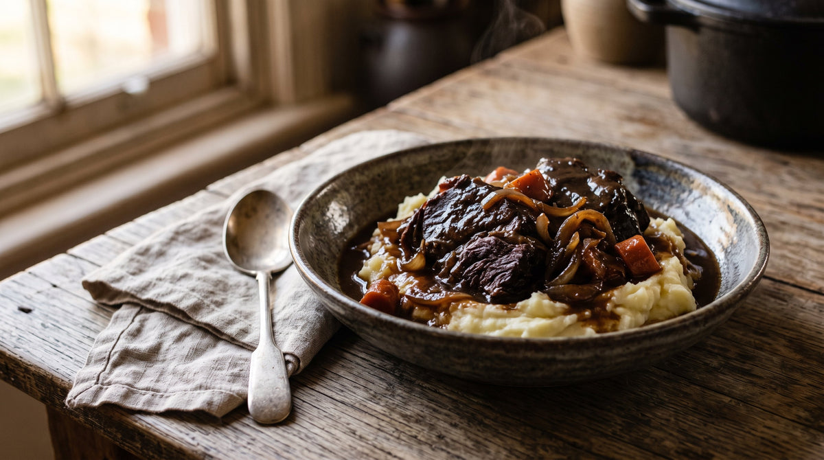 Stout-braised grass-fed blade steak in dark glossy gravy served over creamy mashed potato.