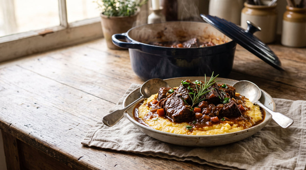 Italian stracotto of grass-fed beef roast braised in red wine, served in chunks over soft polenta with its dark sauce.