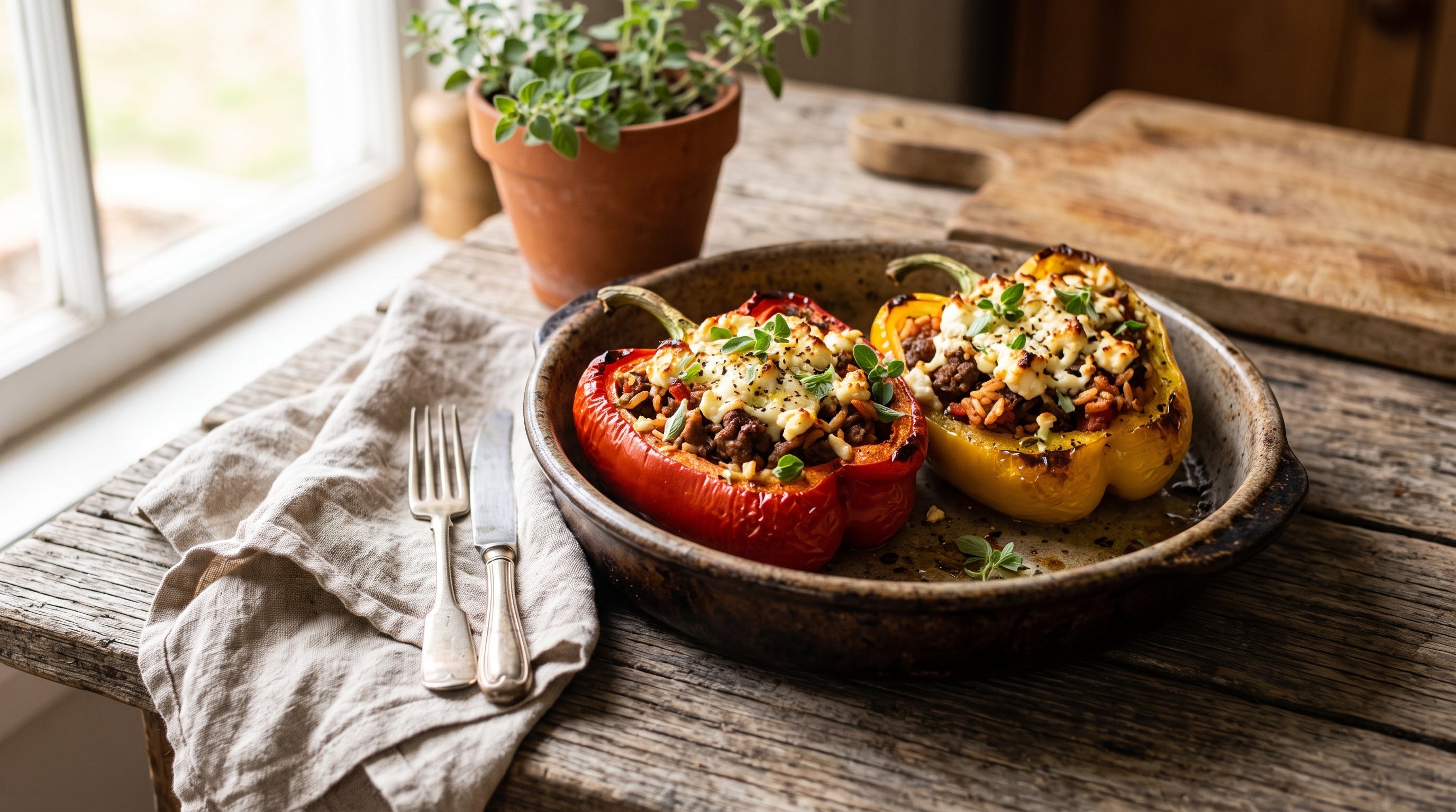 Roasted capsicums stuffed with grass-fed beef, tomato rice and feta