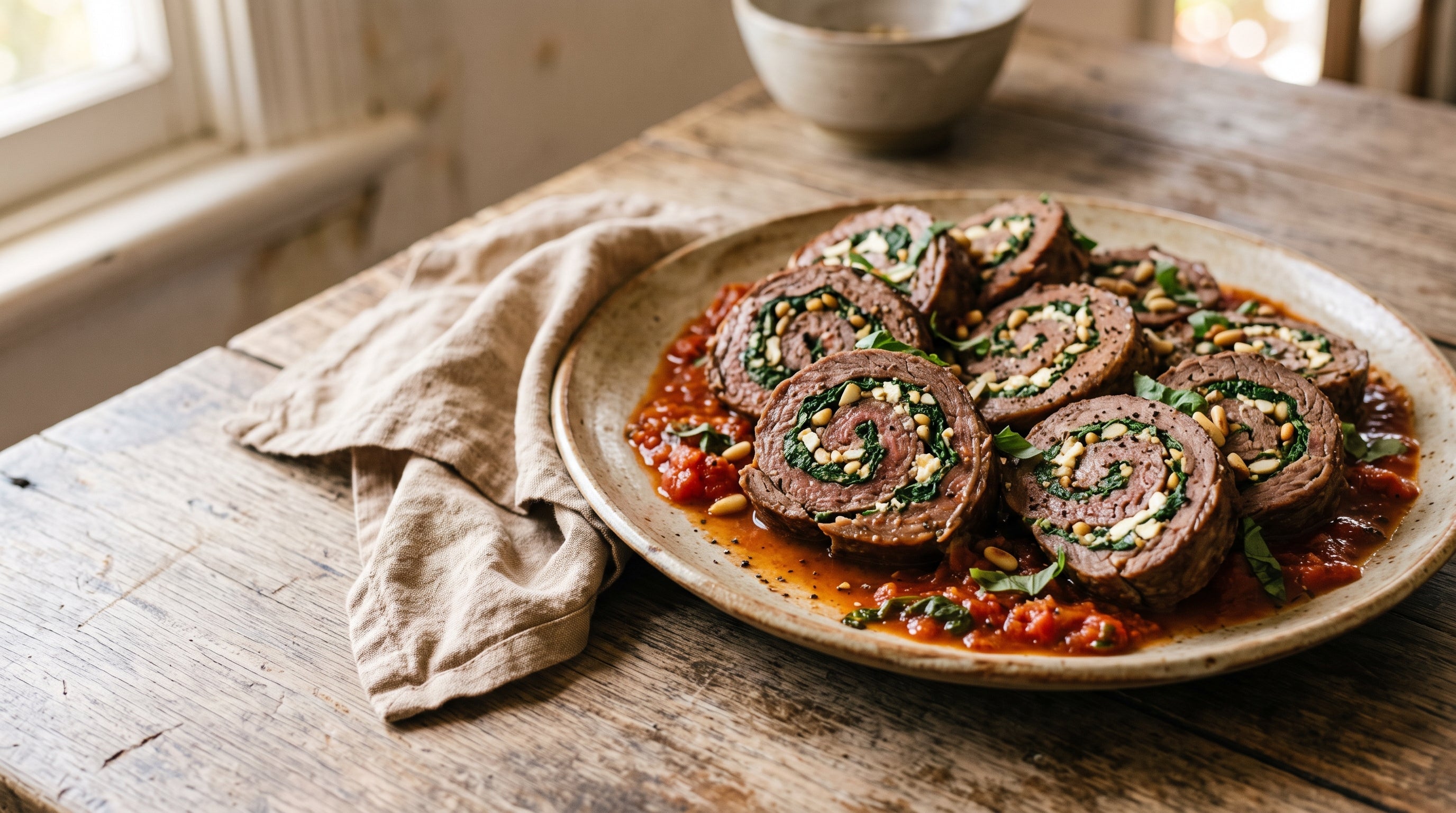 Rolled grass-fed round pinwheels stuffed with spinach, feta and pine nuts