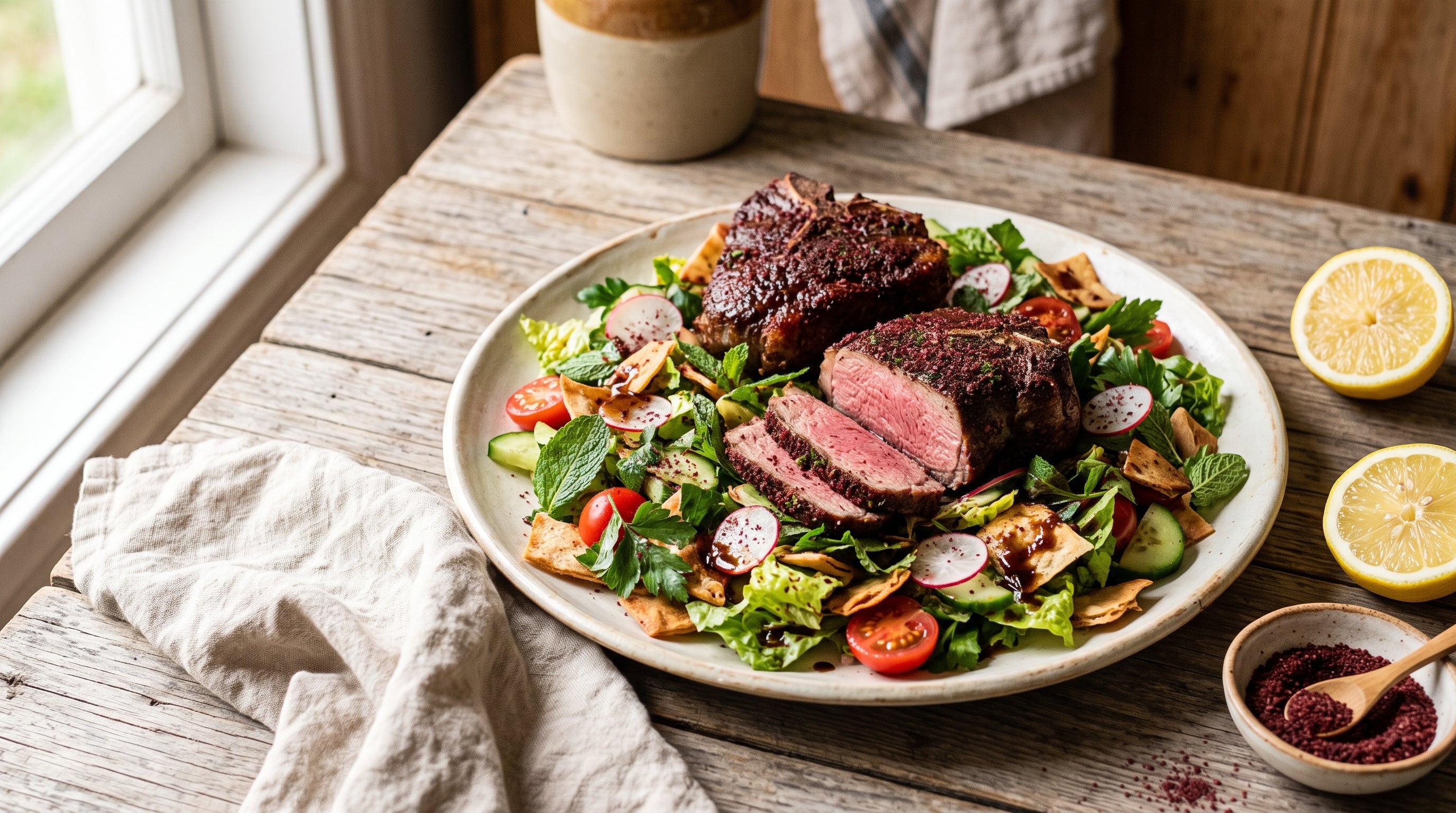 Sumac-crusted grass-fed lamb loin chops served over a crunchy fattoush salad with crisp flatbread and herbs.