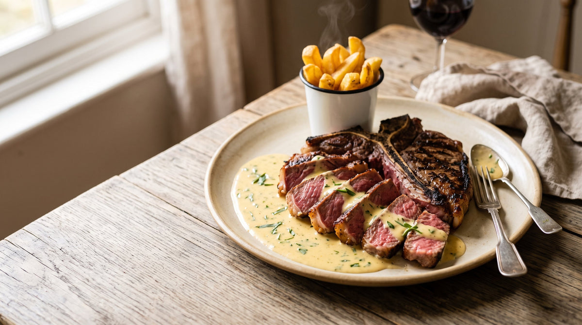 Grass-fed T-bone steak sliced and served with homemade tarragon bearnaise and chips, bistro style.