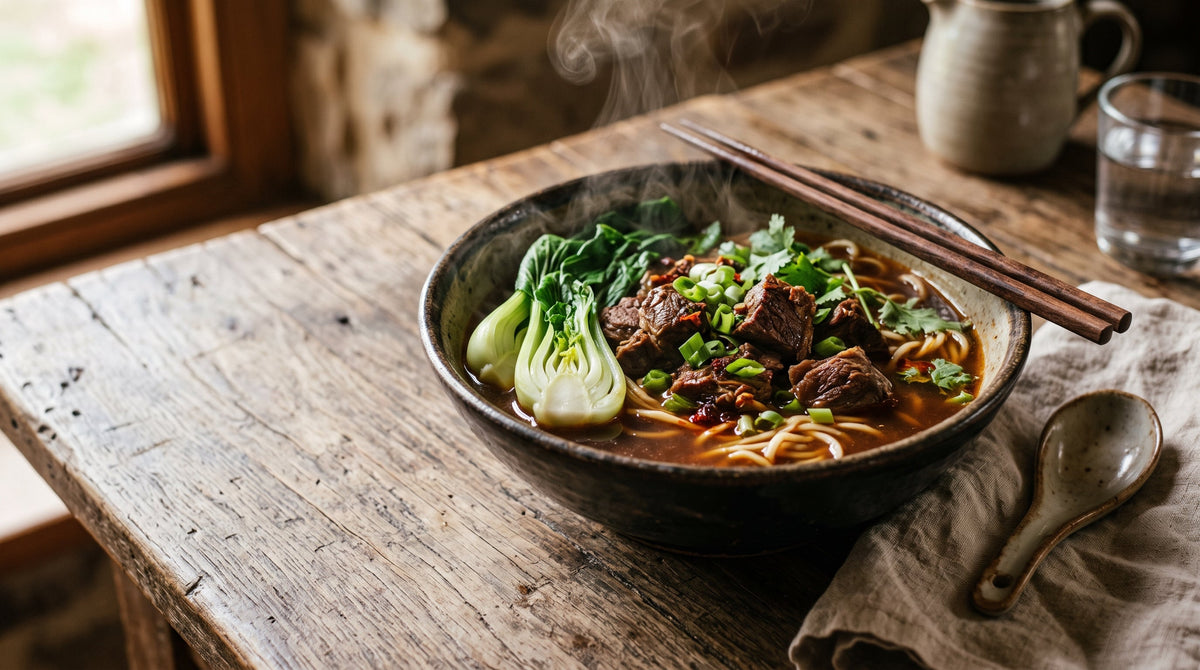 Taiwanese-style beef noodle soup with braised grass-fed blade steak, wheat noodles and bok choy in a spiced soy broth.