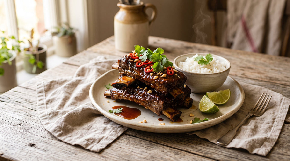 Sticky tamarind-glazed grass-fed beef ribs, braised then lacquered, served with jasmine rice and lime.