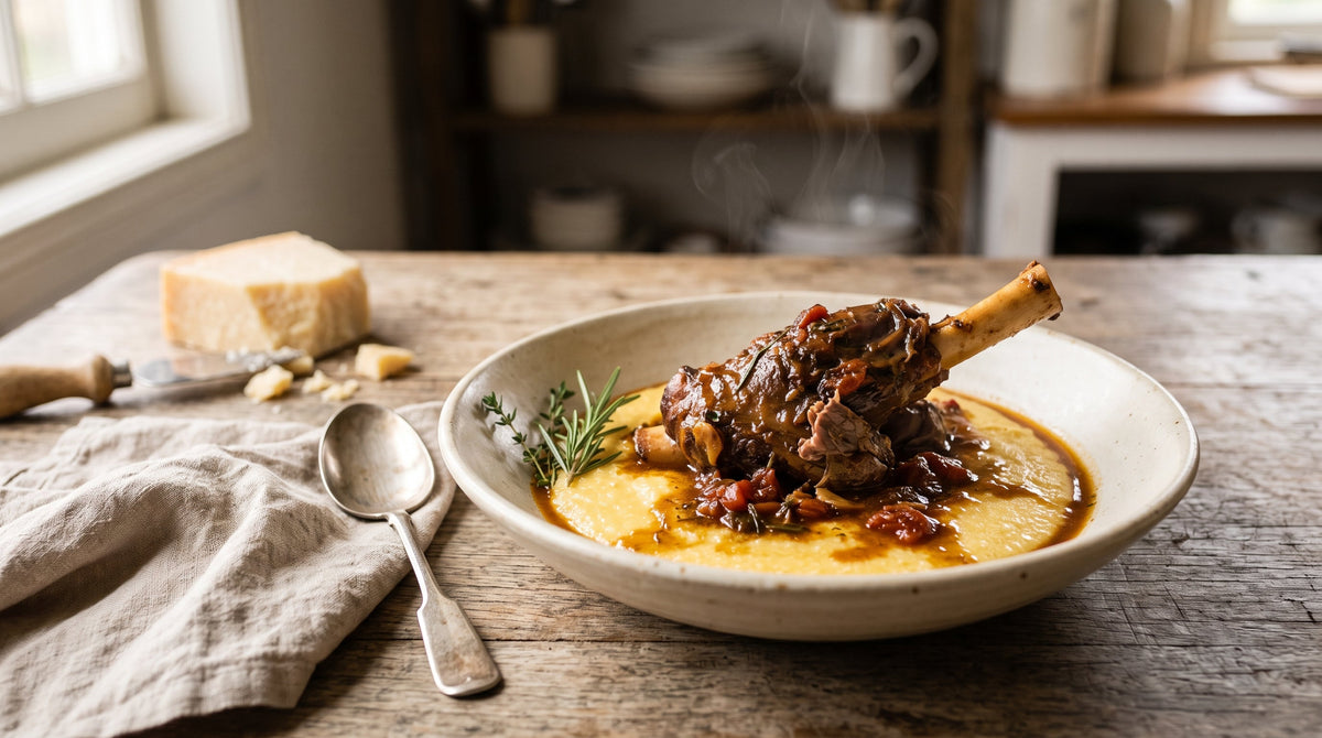 Tomato and rosemary braised grass-fed lamb shank served over soft parmesan polenta.