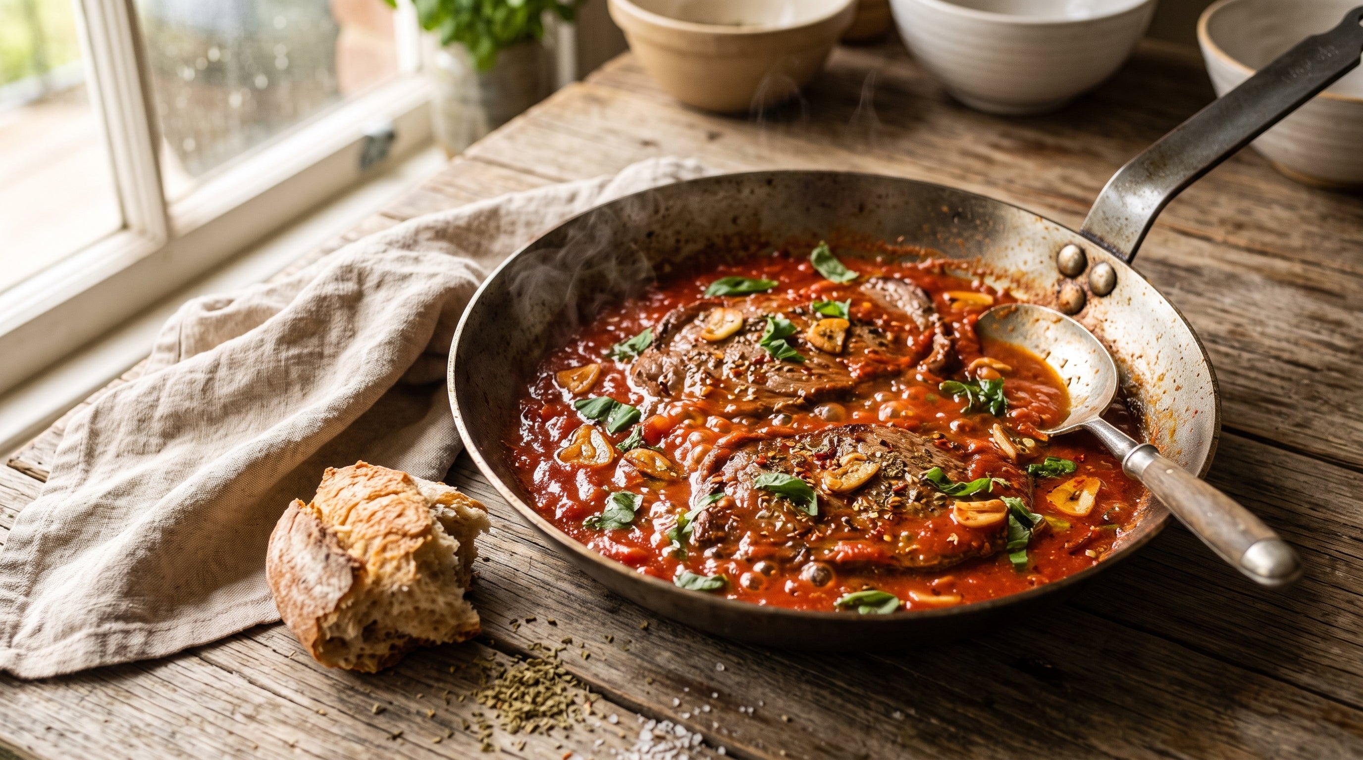 Topside steaks pizzaiola — thin grass-fed steaks simmered gently in a garlicky tomato and oregano sauce, served in the pan with crusty bread.