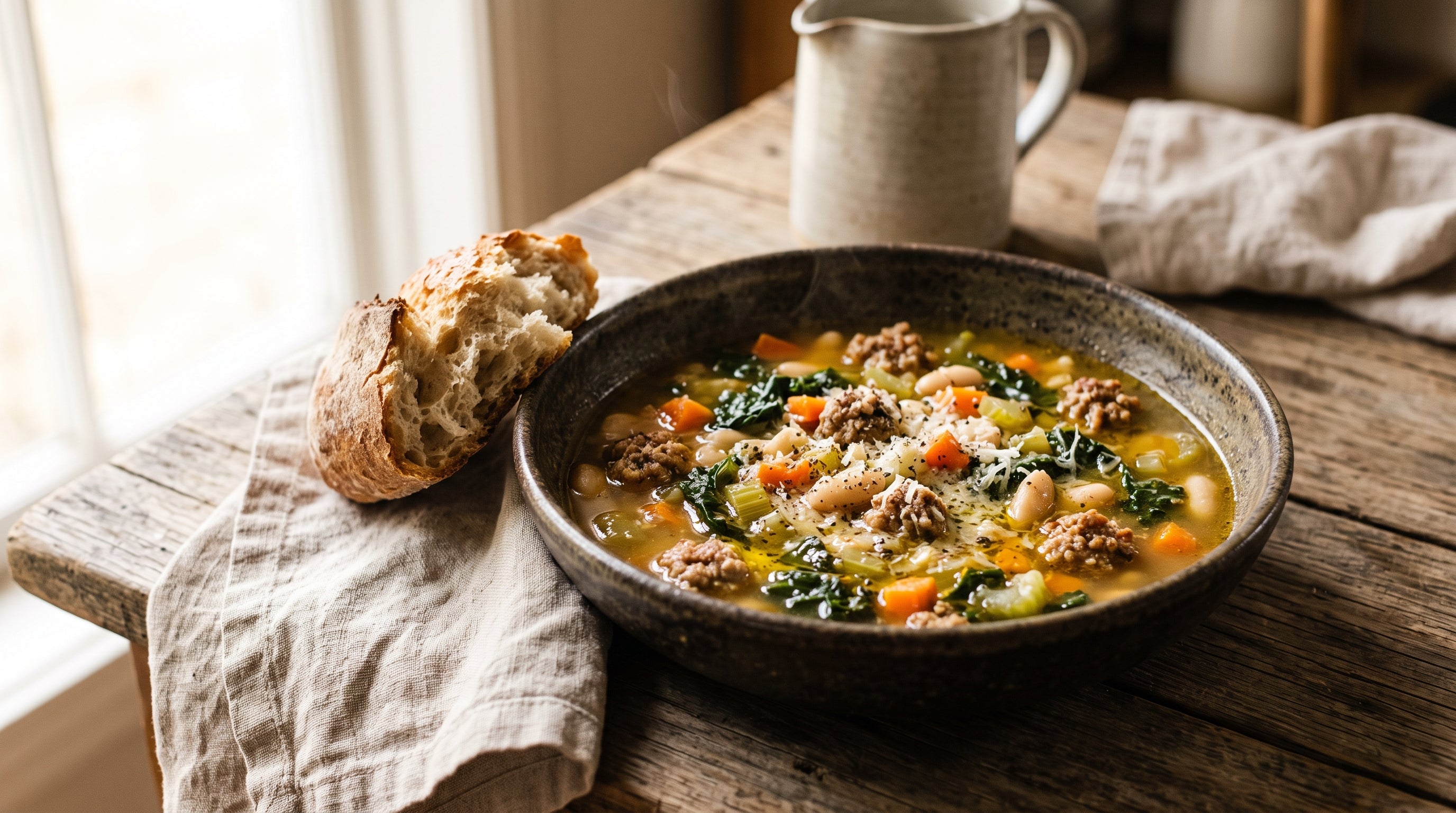 Tuscan-style soup of crumbled grass-fed beef sausage, white beans and cavolo nero in golden broth with crusty bread.