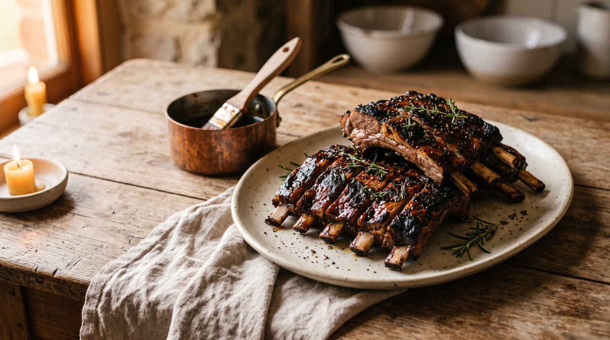 Twice-cooked grass-fed lamb ribs, braised until tender then charred and glazed, stacked on a stoneware platter.
