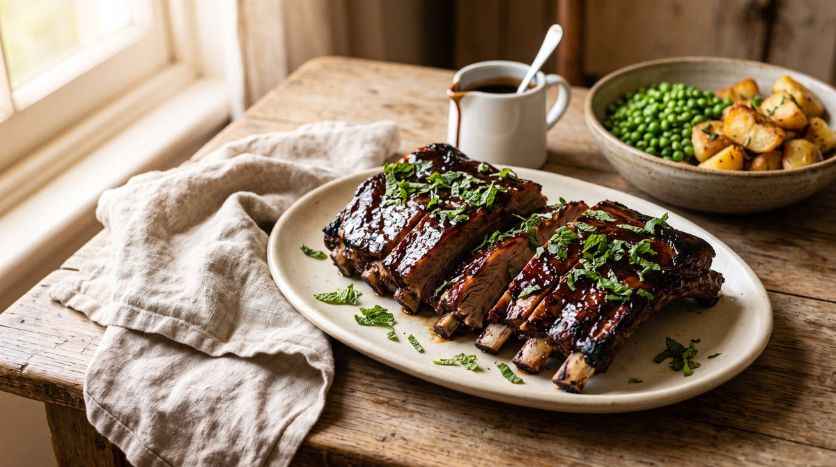 Old-school grass-fed lamb ribs with a sticky vinegar and mint glaze, sliced and scattered with fresh mint.