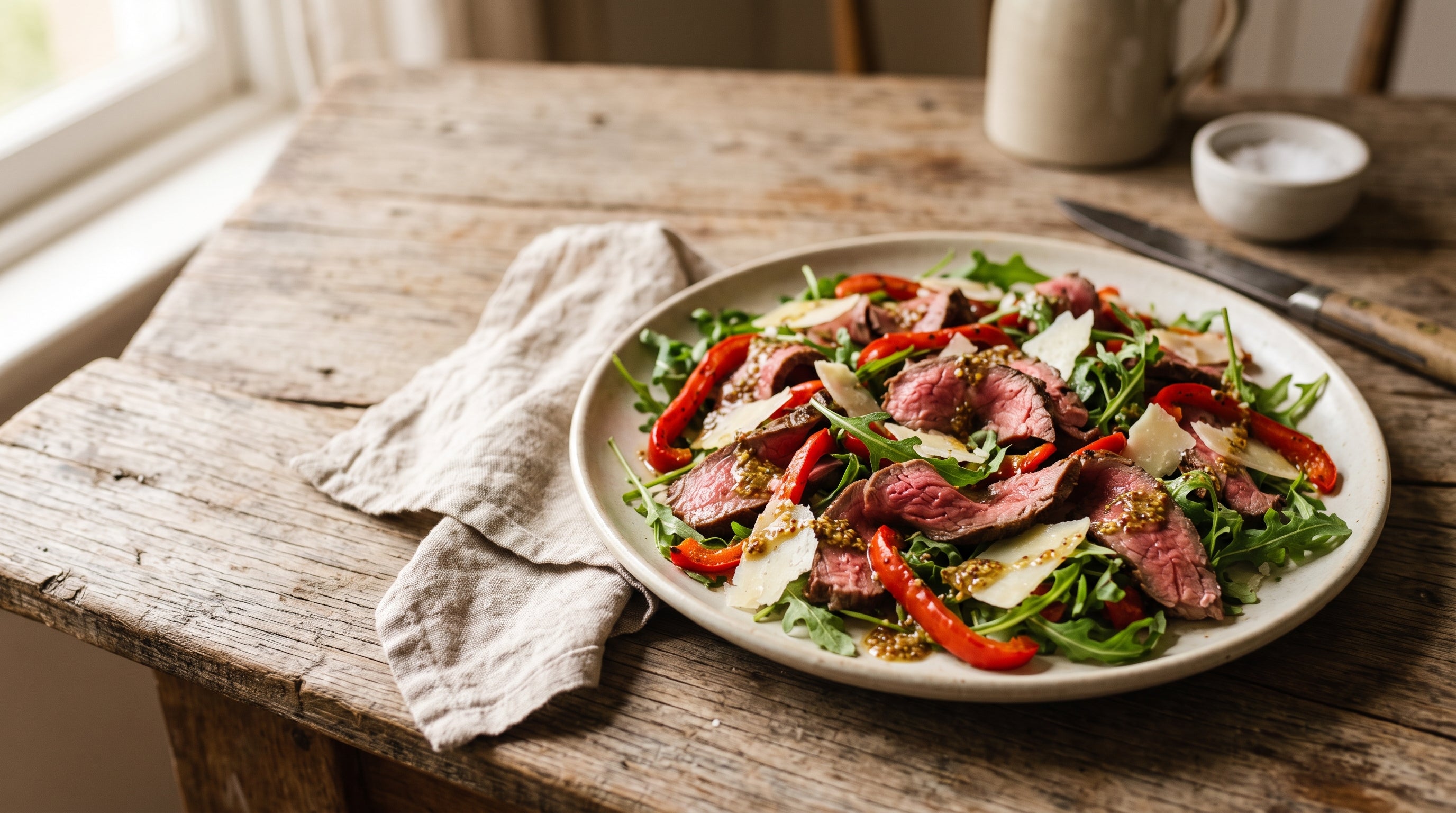 Warm grass-fed topside salad with roasted capsicum and rocket
