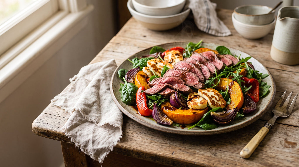 Warm salad of sliced grass-fed rump steak, seared haloumi and roast vegetables on a stoneware platter.